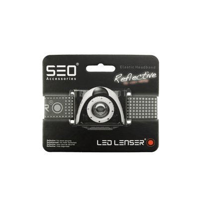 Ledlenser Reflective Headband packaging elastic headband accessory for SEO MH2 MH6 headlamps shown with branding and strap details