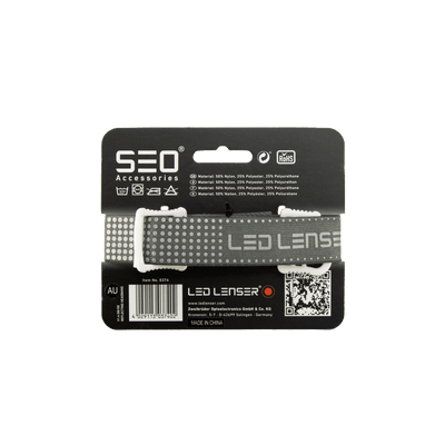 Reflective Headband packaging by Ledlenser showing a grey adjustable strap with Ledlenser branding compatible with MH2 and MH6 headlamps