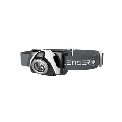 Ledlenser SEO5 Headlamp on adjustable grey strap front left angled view showing compact headlamp with branding