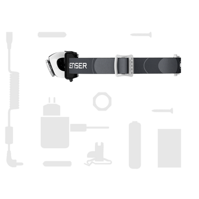SEO5 Headlamp with adjustable strap and low profile housing shown from the side on a grey headband
