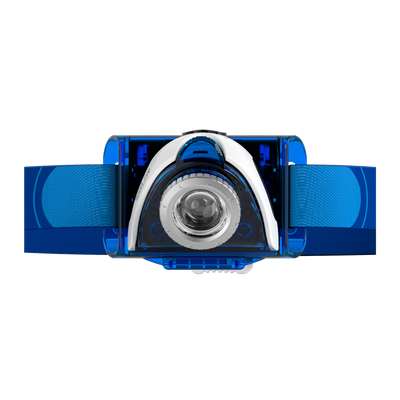 Ledlenser SEO7R Headlamp with blue adjustable headband front view showing the rechargeable headlamp housing and central lens