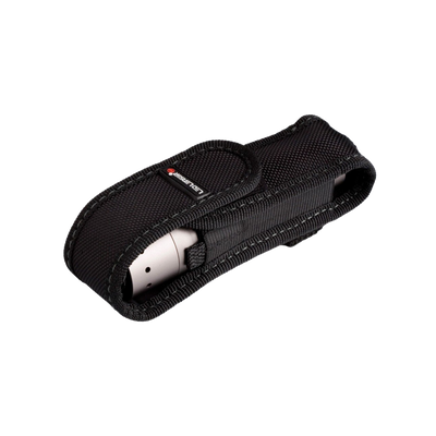 Ledlenser Hard Sheath Torch Pouch in black nylon with belt loop and wraparound closure shown holding a compact torch inside
