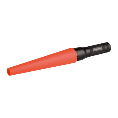 Ledlenser Signal Cone Red 4 Sizes red cone shaped torch accessory shown attached to a black Ledlenser torch head
