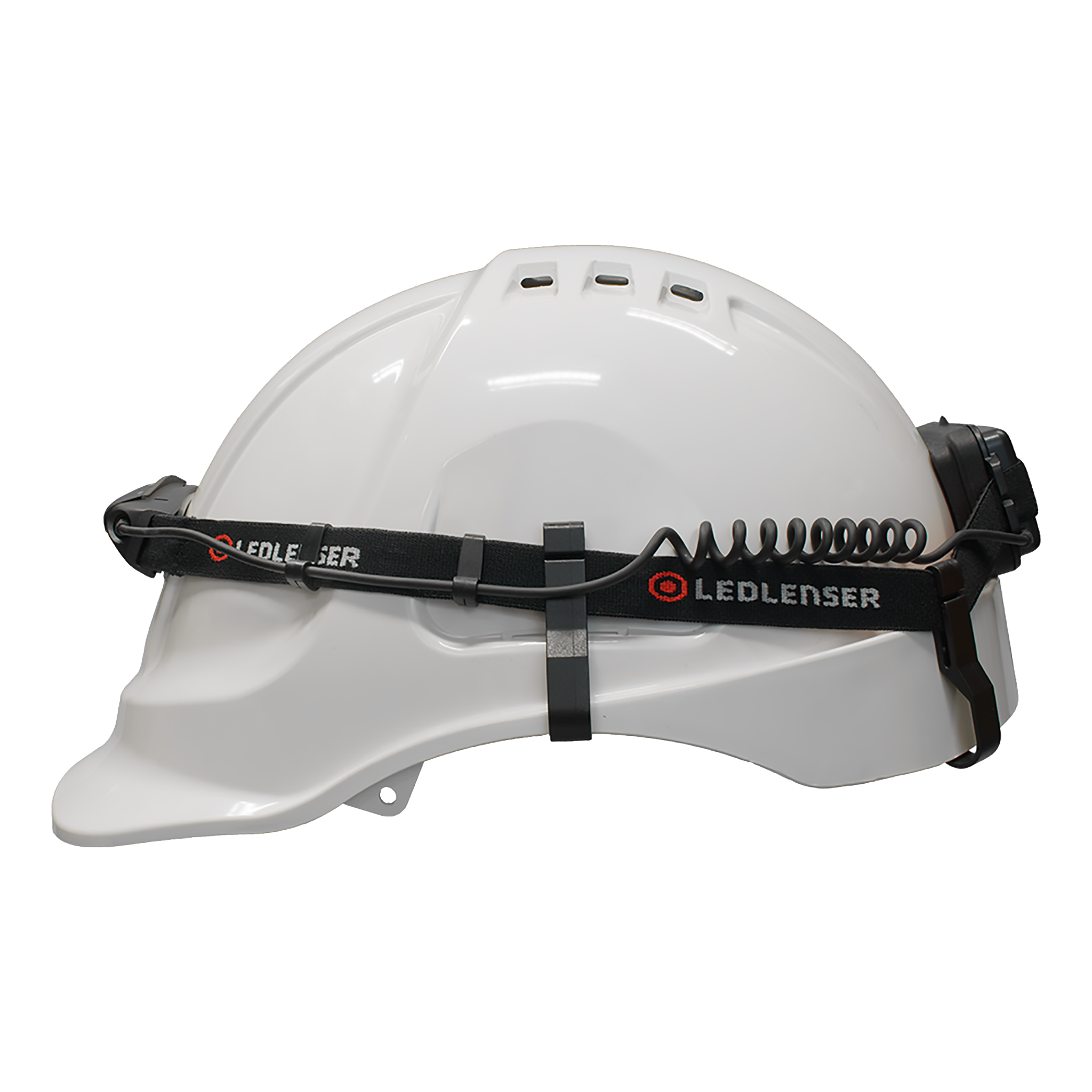 Ledlenser Universal Headlamp Headband Helmet Clip 4 Pack on a white hard hat with an adjustable strap clip system for helmet attachment
