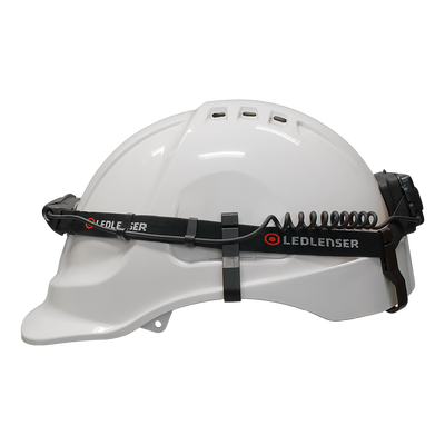 Ledlenser Universal Headlamp Headband Helmet Clip 4 Pack on a white hard hat with an adjustable strap clip system for helmet attachment