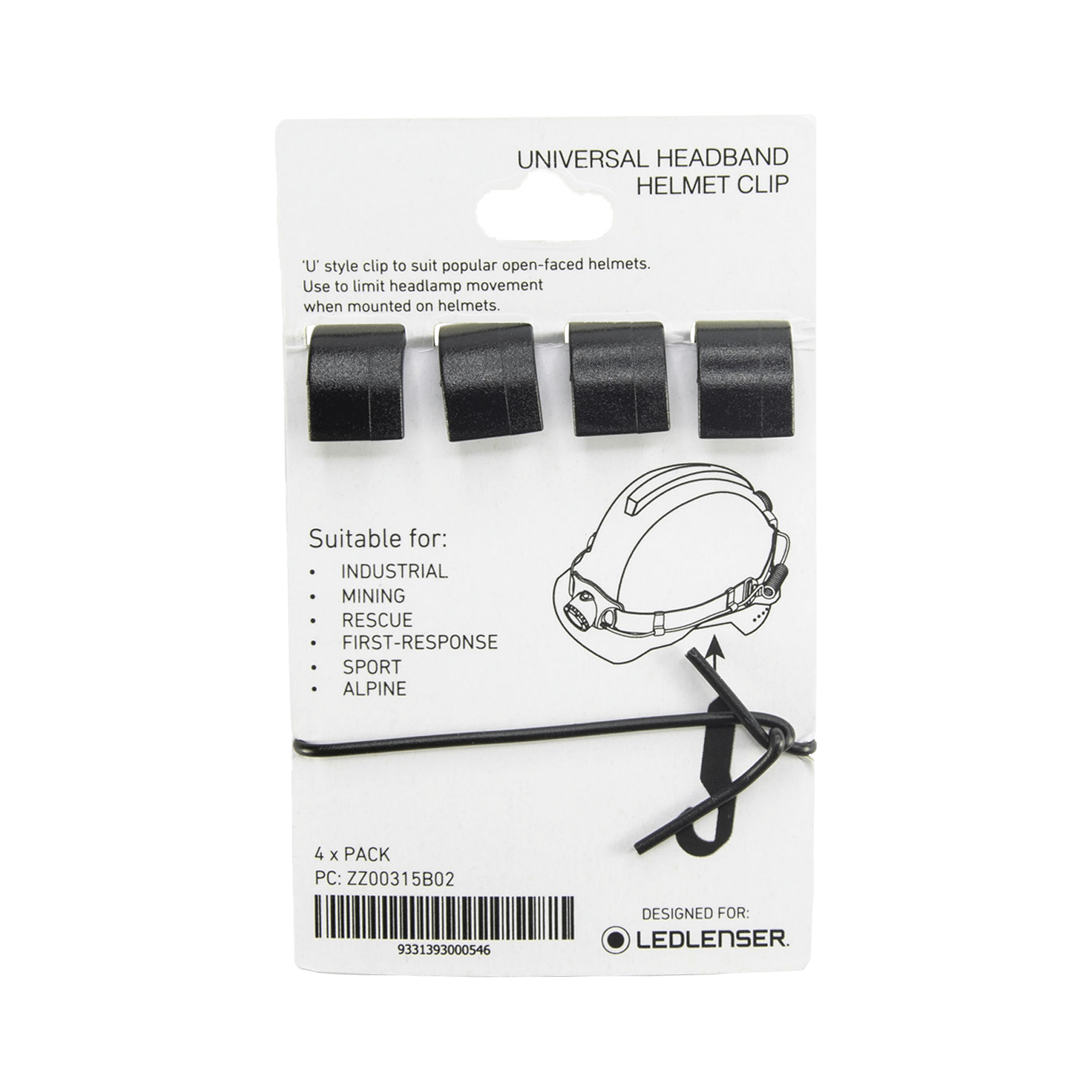 Universal Headlamp Headband Helmet Clip 4 Pack on white packaging showing four black U clips and a helmet illustration with a tie designed for industrial use