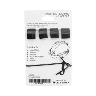 Universal Headlamp Headband Helmet Clip 4 Pack on white packaging showing four black U clips and a helmet illustration with a tie designed for industrial use