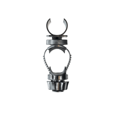 Universal Mounting Bracket Type E headlamp and torch mount displayed vertically with circular clamp gripping arms and metallic finish