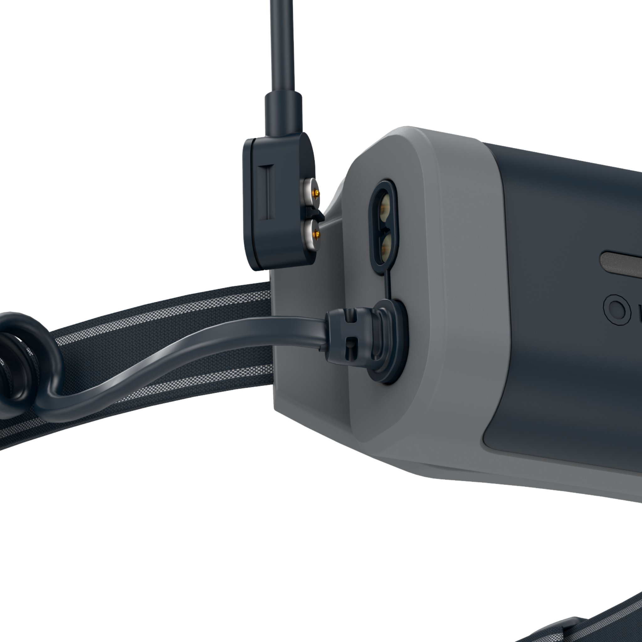Ledlenser NEO9R Running Headlamp side view with headband strap and charging cable connected to the unit