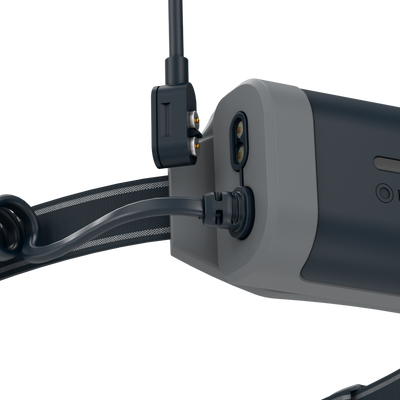Ledlenser NEO9R Running Headlamp side view with headband strap and charging cable connected to the unit