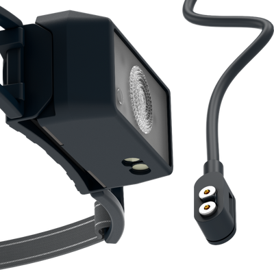 Ledlenser NEO1R Running Headlamp close up of dark grey headlamp module with adjustable strap and magnetic charging cable
