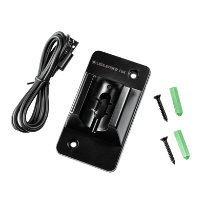 Ledlenser Wall Mount Type A for P6R Core P6R Signature P6R Work featuring a wall mount plate with integrated charging cradle long power cable screws and green wall anchors