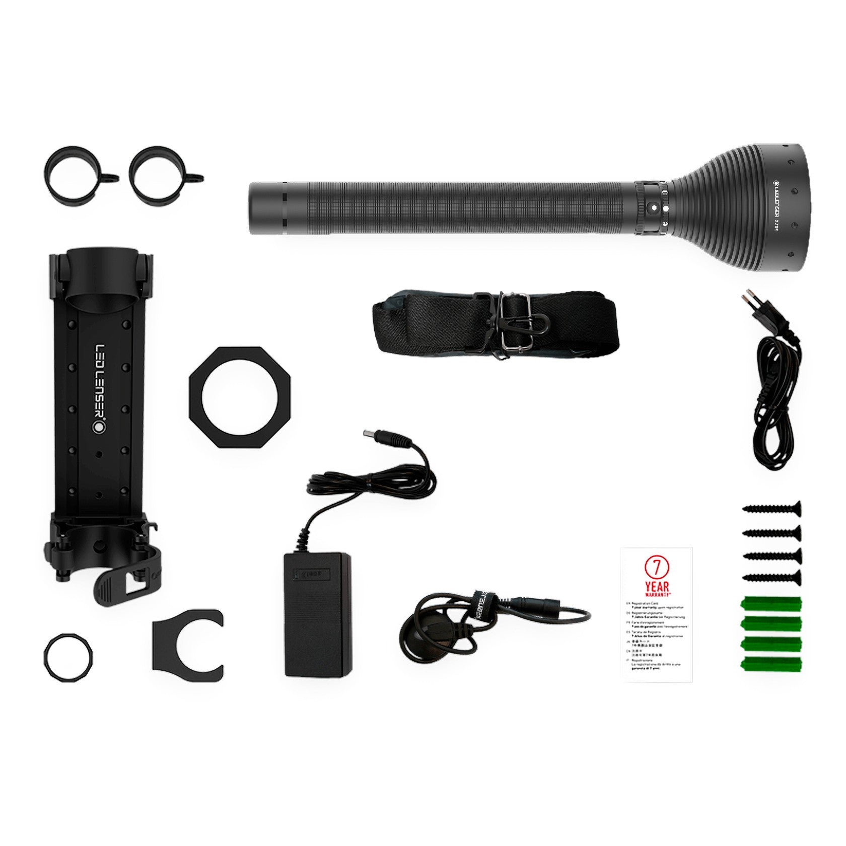 X21 2 Battery Operated Torch with accessories laid out: main torch battery pack strap mounting rings charger and cables