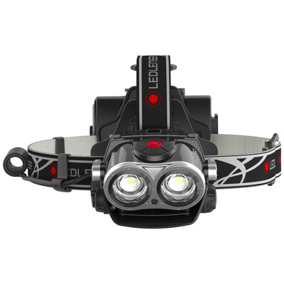 Ledlenser XEO19R Rechargeable Headlamp with dual LED lenses adjustable headband black and grey finish worn on the head