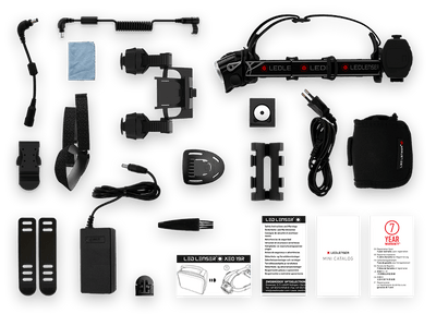 Ledlenser XEO19R Rechargeable Headlamp with kit contents including headlamp on strap battery pack charger extension cable mounts holster spare battery and manuals