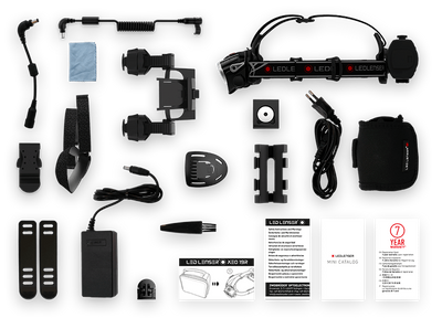 Ledlenser XEO19R White Rechargeable Headlamp with bundled accessories including charging components mounting brackets protective case and manuals