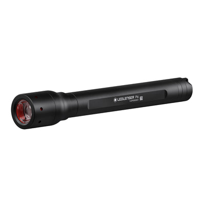 Ledlenser P6 Battery Operated Torch in black with a red lens at the head shown in side view