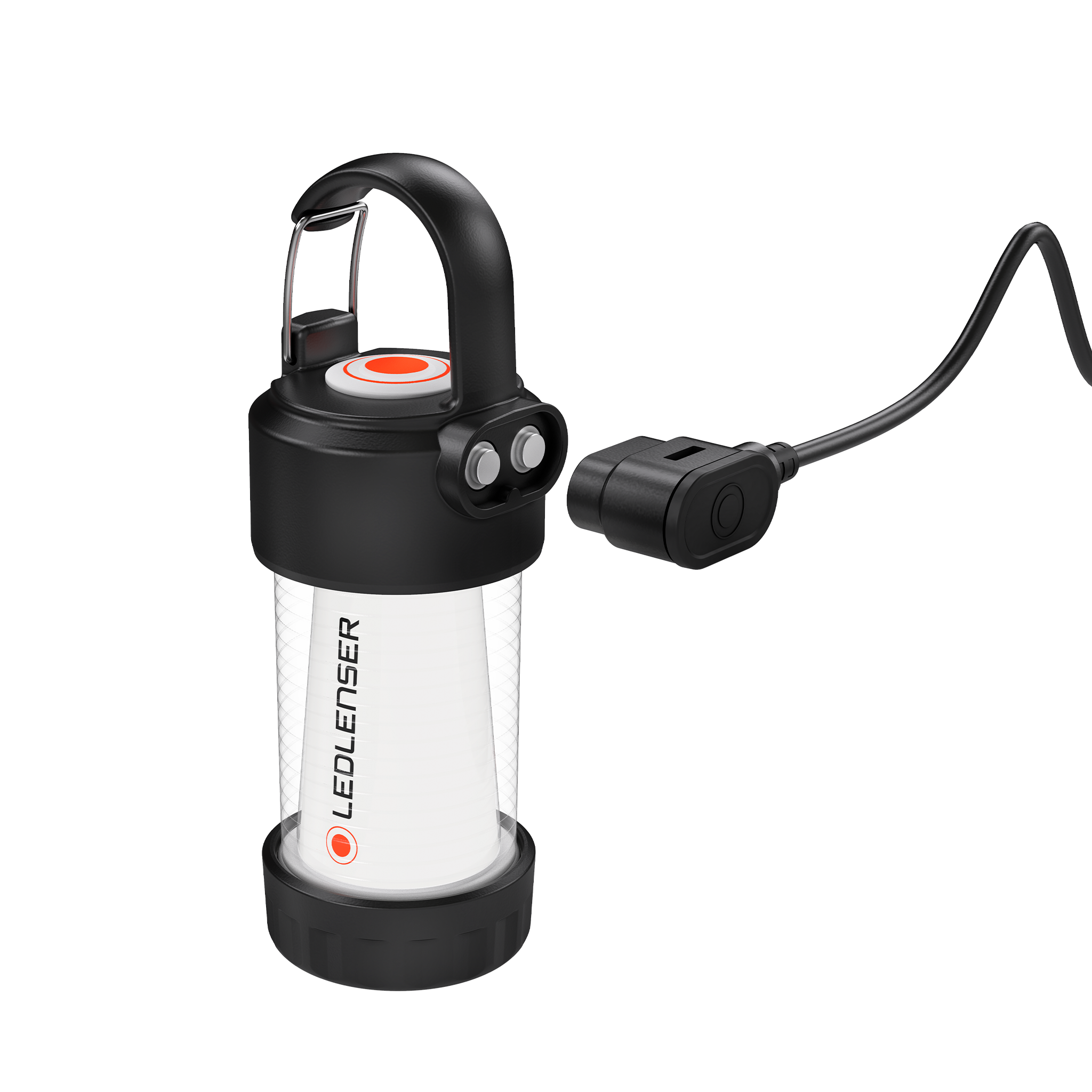 Ledlenser ML4 Lantern with hanging handle and USB charging cable white translucent body with black top and base