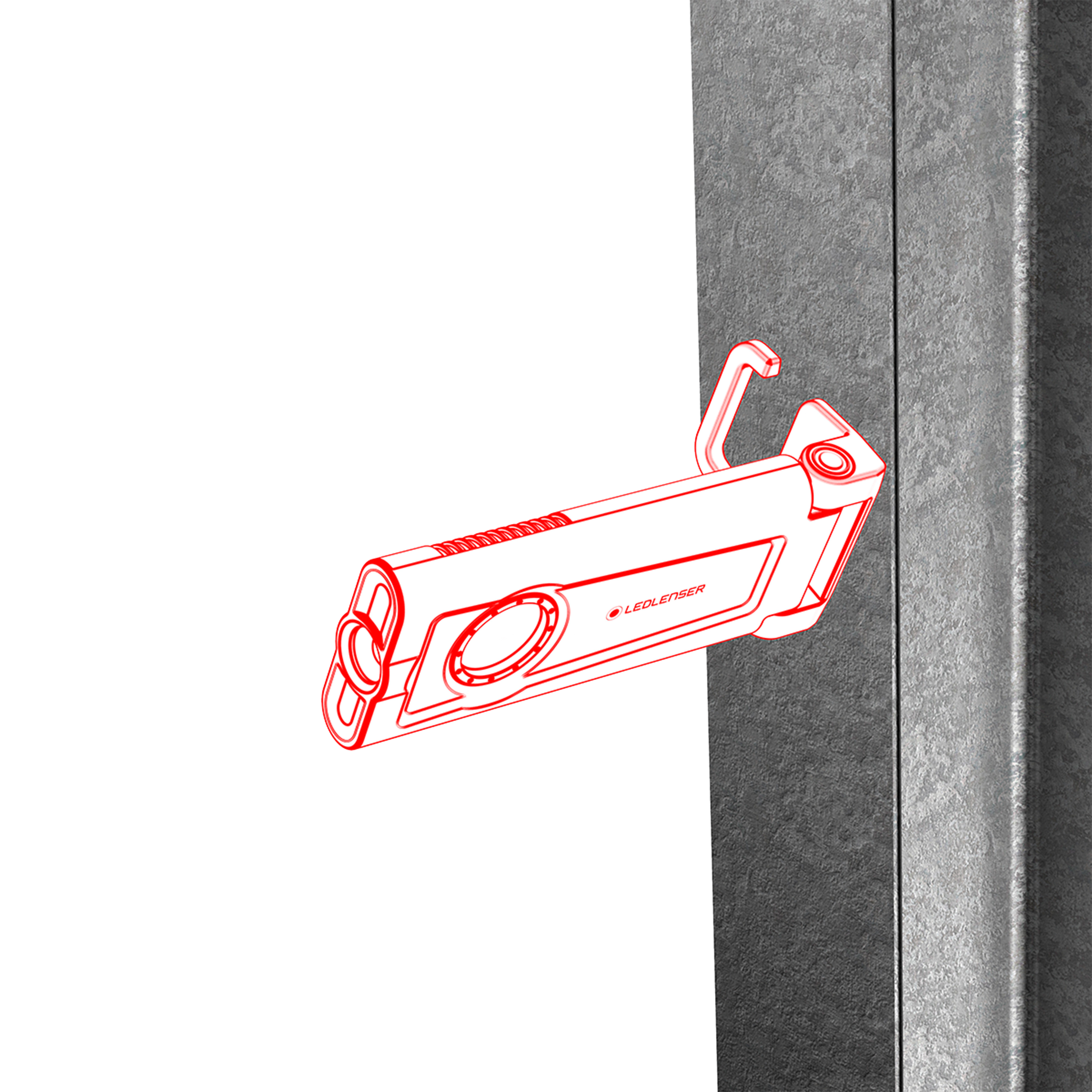 Ledlenser iF2R Spotlight depicted as a red line drawing mounted to a vertical metal beam