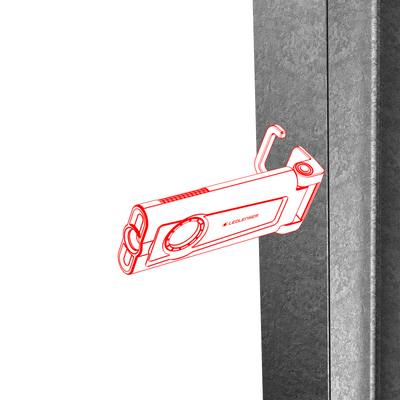 Ledlenser iF2R Spotlight depicted as a red line drawing mounted to a vertical metal beam