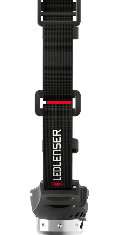 H5 Battery Operated Headlamp on black adjustable strap with Ledlenser branding red accent stripe and buckle visible on front view
