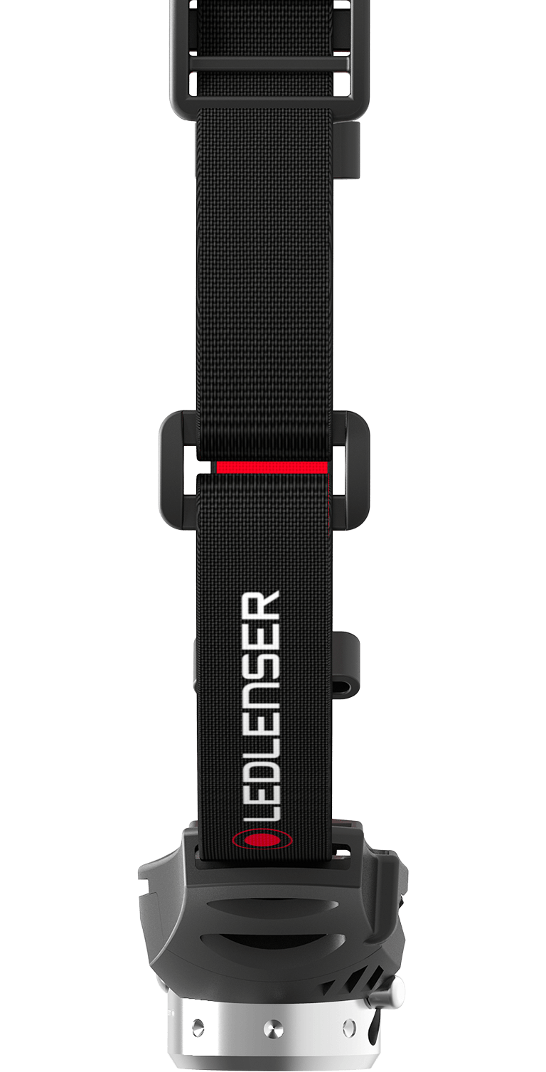 H5 Battery Operated Headlamp on black adjustable strap with Ledlenser branding red accent stripe and buckle visible on front view
