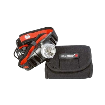 Ledlenser H5 Battery Operated Headlamp with red and black head strap and protective carrying case