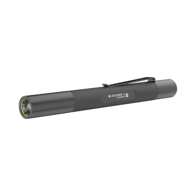 Ledlenser i4 torch in black with textured grip and pocket clip horizontal view showing the front head