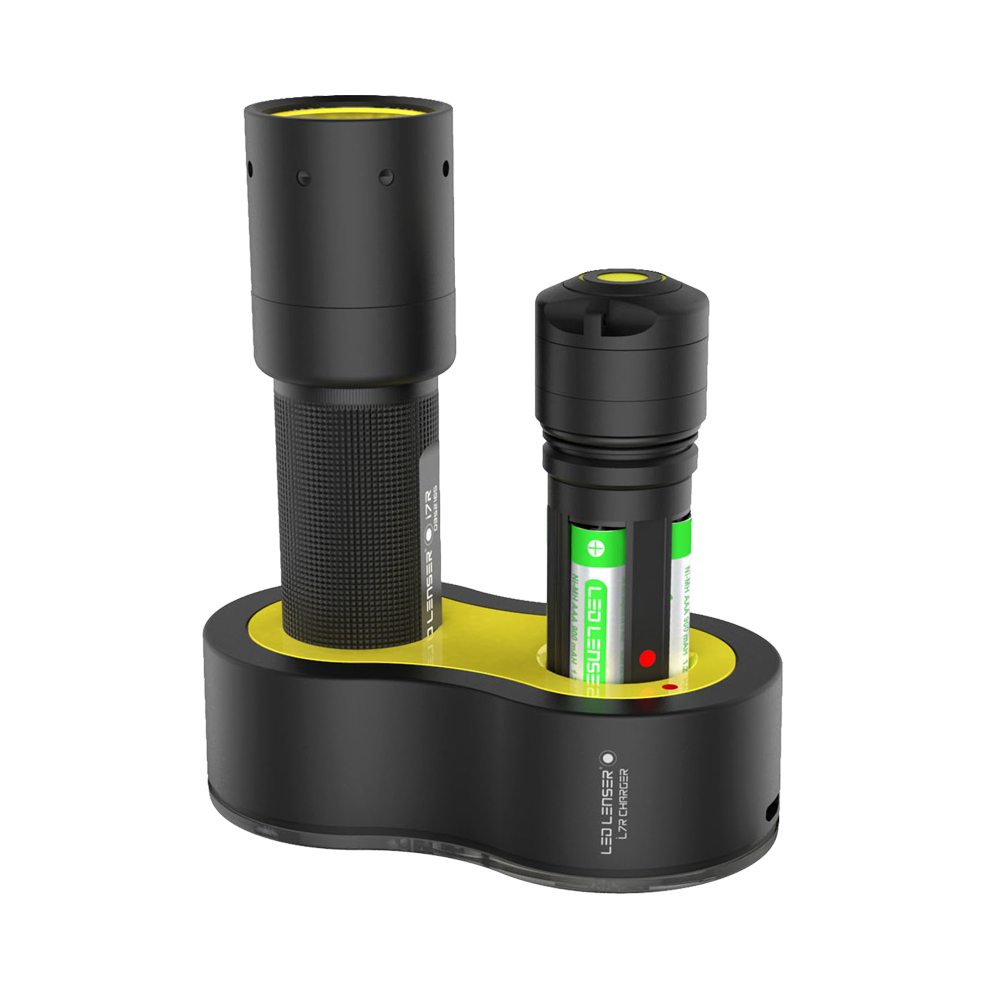Ledlenser i7R Rechargeable Torch with charging dock and battery set black finish with yellow accents on the base shown upright on the dock