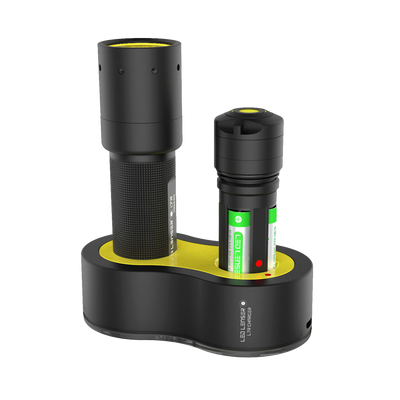 Ledlenser i7R Rechargeable Torch with charging dock and battery set black finish with yellow accents on the base shown upright on the dock