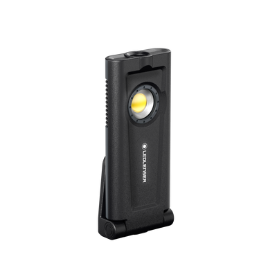 Ledlenser iF2R Spotlight compact handheld light with black housing and central LED module shown upright with integrated base stand