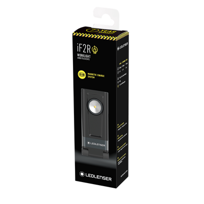 Ledlenser iF2R Spotlight packaging box featuring a compact work light and magnetic charge system on a black box with yellow warning accents