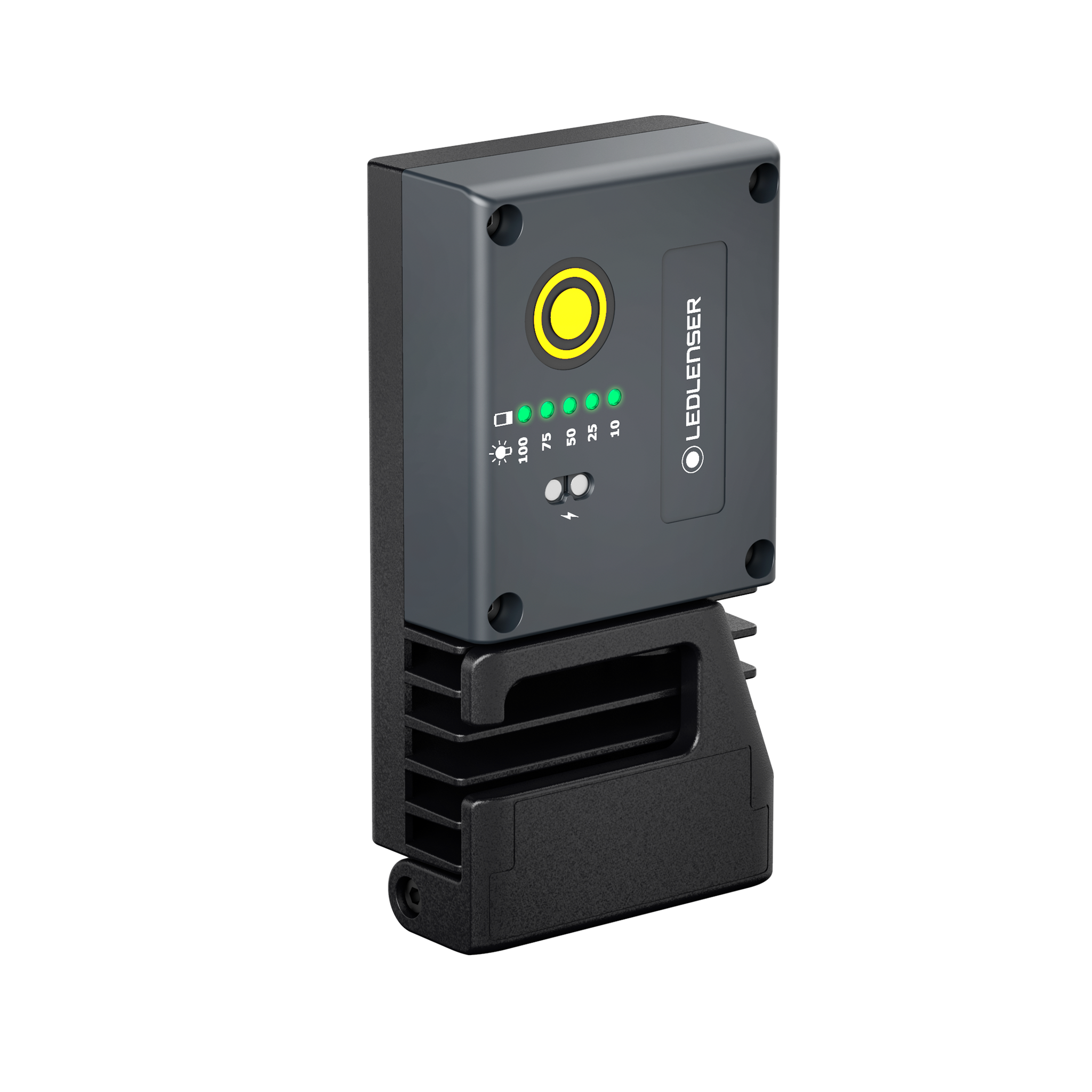 Ledlenser iF3R Spotlight charging dock with grey panel yellow power ring and green status LEDs on a black base