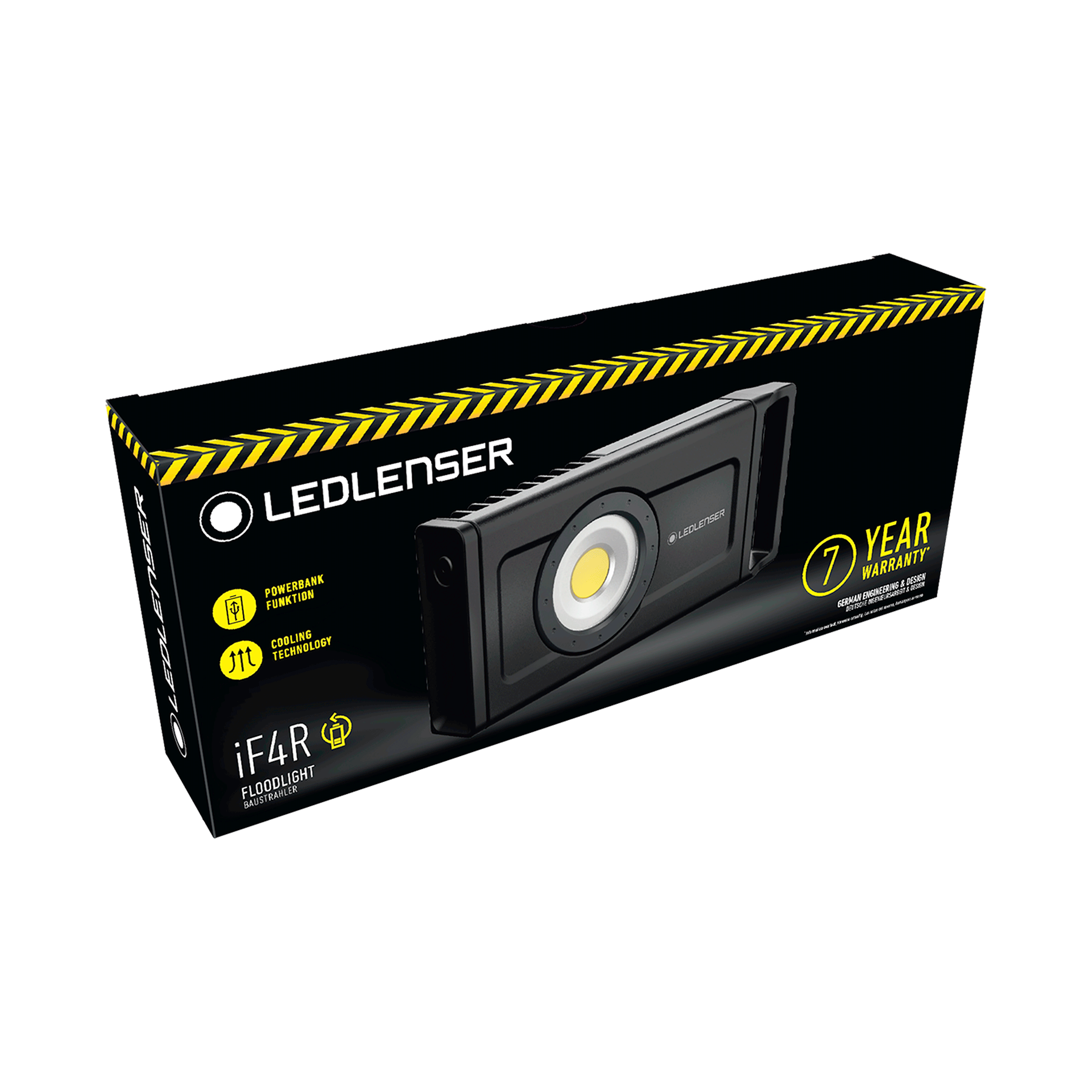 Ledlenser iF4R Spotlight packaging box showing a black box with yellow hazard border and an image of the floodlight on the front