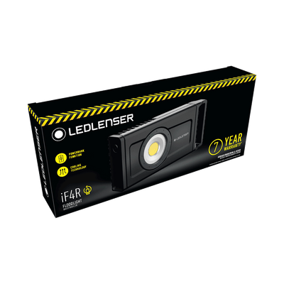 Ledlenser iF4R Spotlight packaging box showing a black box with yellow hazard border and an image of the floodlight on the front
