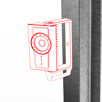 Ledlenser iF4R Spotlight mounted on a metal bracket against a textured wall in a red line drawing illustration