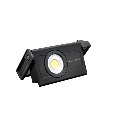 Ledlenser iF4R Spotlight shown on its adjustable stand black rectangular body with central LED module
