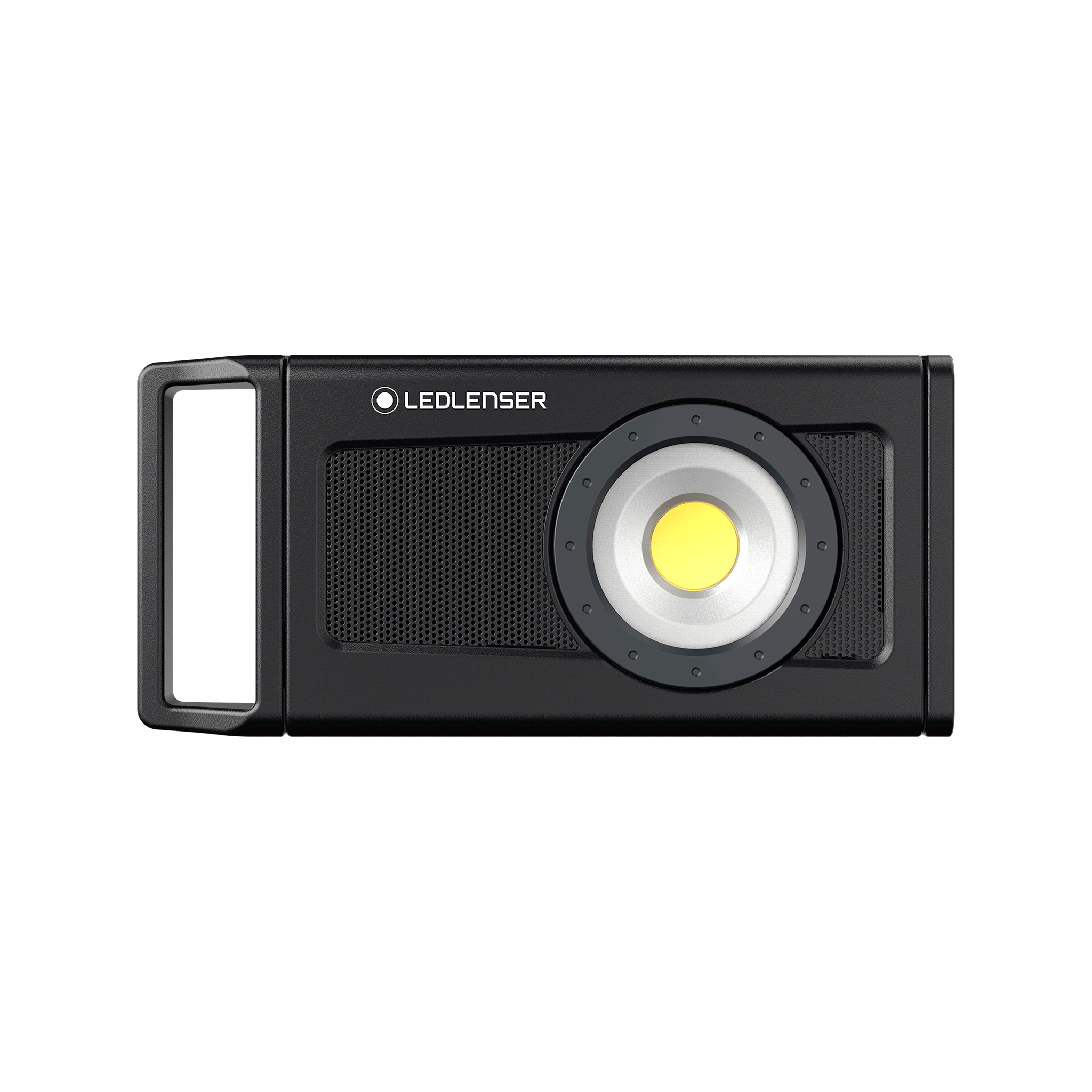 Ledlenser iF4R Music Spotlight compact handheld rechargeable spotlight with circular LED module and integrated speaker in a black rectangular body