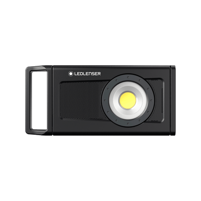 Ledlenser iF4R Music Spotlight compact handheld rechargeable spotlight with circular LED module and integrated speaker in a black rectangular body