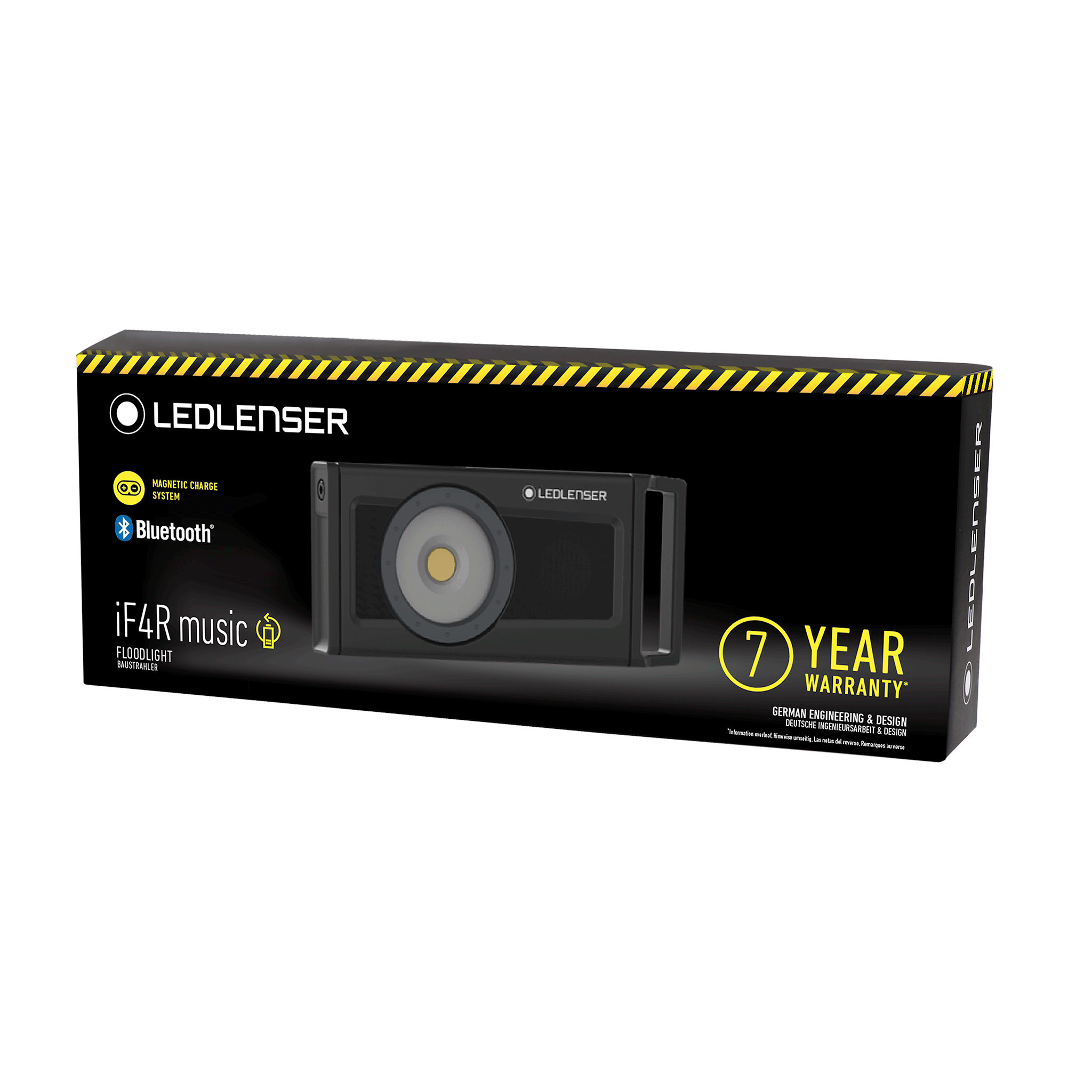 Ledlenser iF4R music floodlight packaging box showing a compact rectangular floodlight with a circular front lens and Bluetooth branding