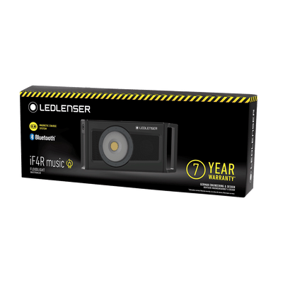 Ledlenser iF4R music floodlight packaging box showing a compact rectangular floodlight with a circular front lens and Bluetooth branding