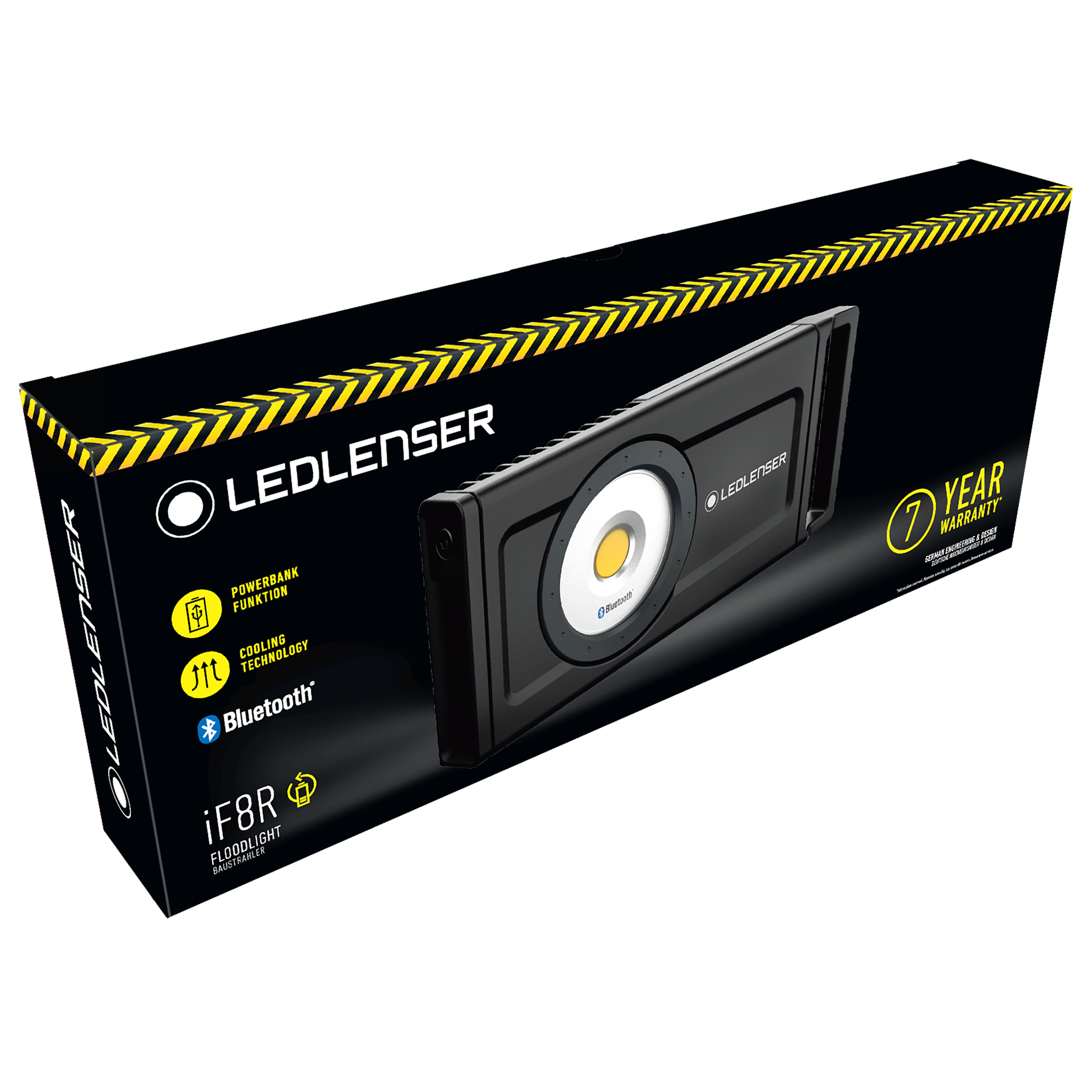 Ledlenser iF8R Spotlight packaging box showing a black portable work light with a central LED panel and Bluetooth symbol