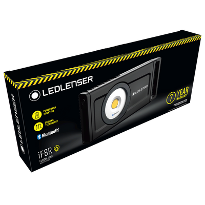 Ledlenser iF8R Spotlight packaging box showing a black portable work light with a central LED panel and Bluetooth symbol