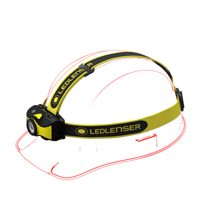 Ledlenser iH9R headlamp with yellow and black strap front mounted rechargeable light for hands free use