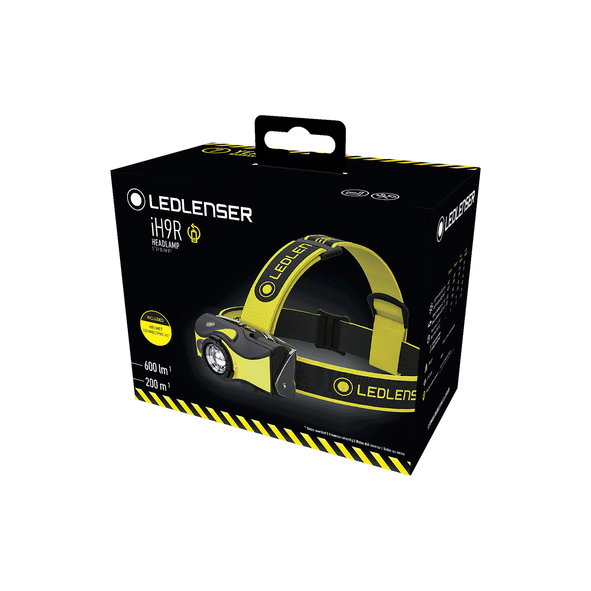 Ledlenser iH9R Headlamp packaging box angled view showing yellow headband and mounted headlamp against black packaging