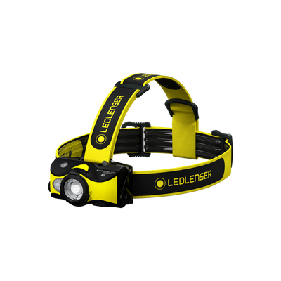 Ledlenser iH9R Headlamp worn on head with yellow and black adjustable headband and front light