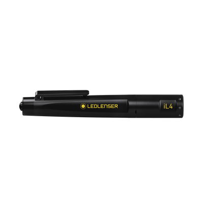 Ledlenser iL4 Torch in black with pocket clip side profile view showing yellow Ledlenser logo and iL4 marking