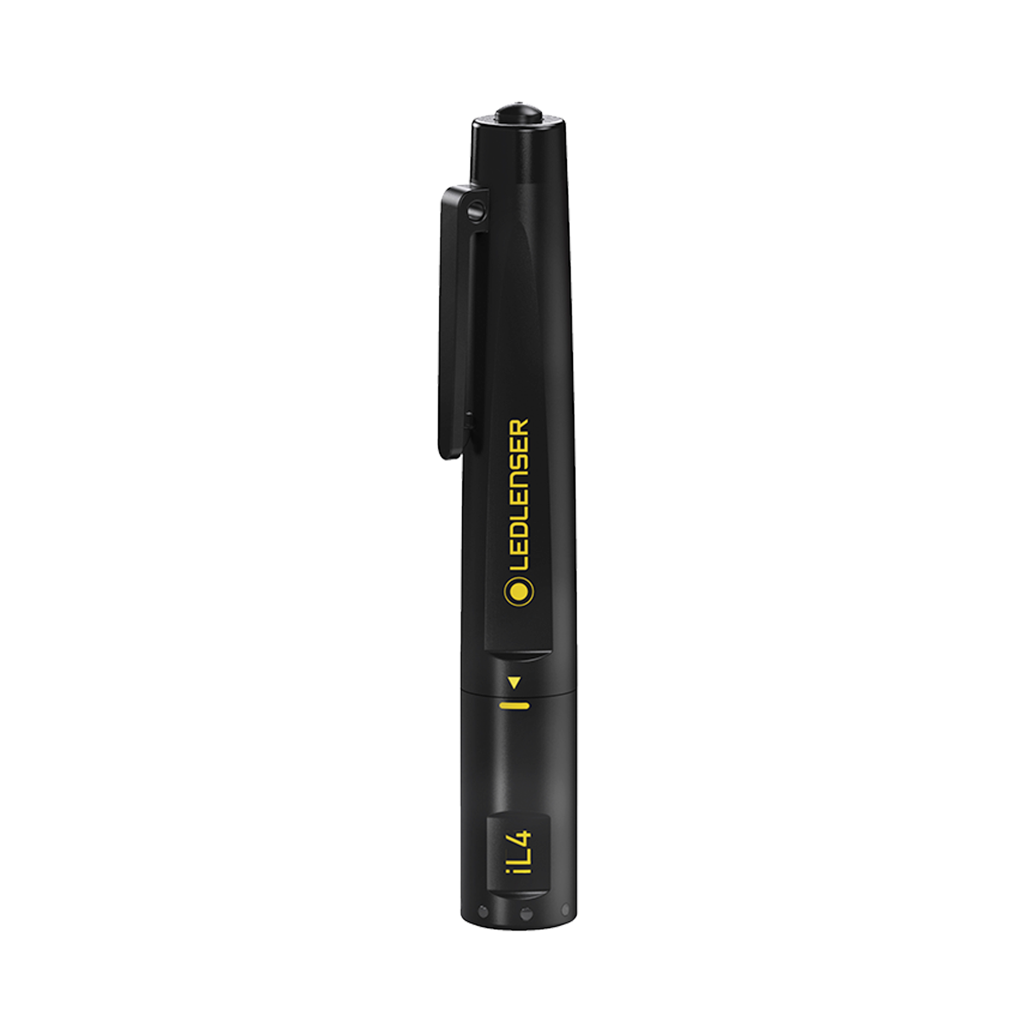 iL4 Torch vertical side view black cylindrical pen torch with yellow Ledlenser logo and pocket clip
