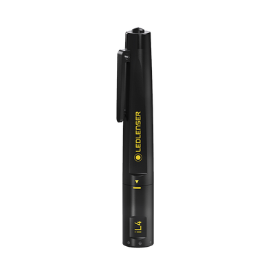 iL4 Torch vertical side view black cylindrical pen torch with yellow Ledlenser logo and pocket clip