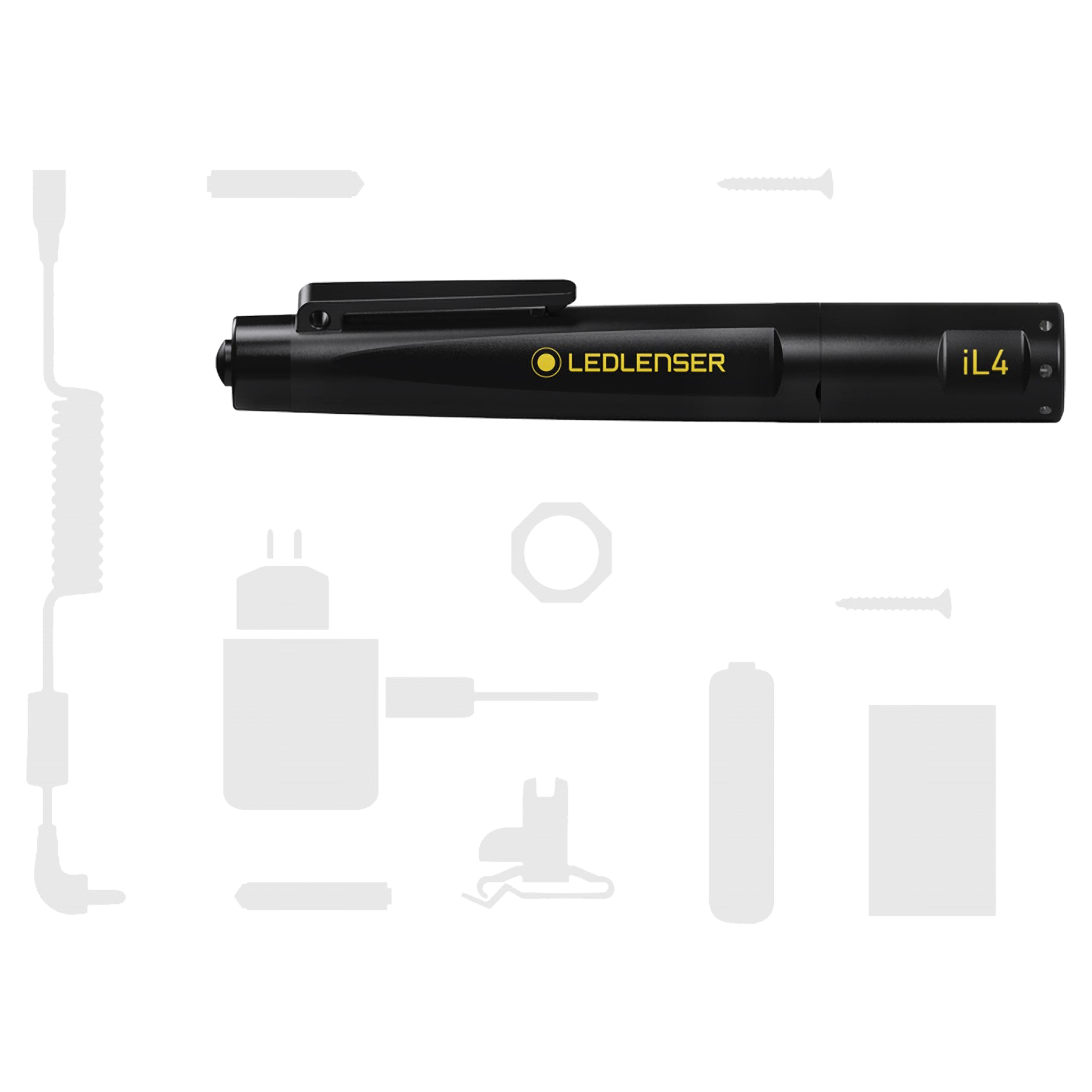 Ledlenser iL4 torch displayed horizontally with faint silhouettes of its accessories around
